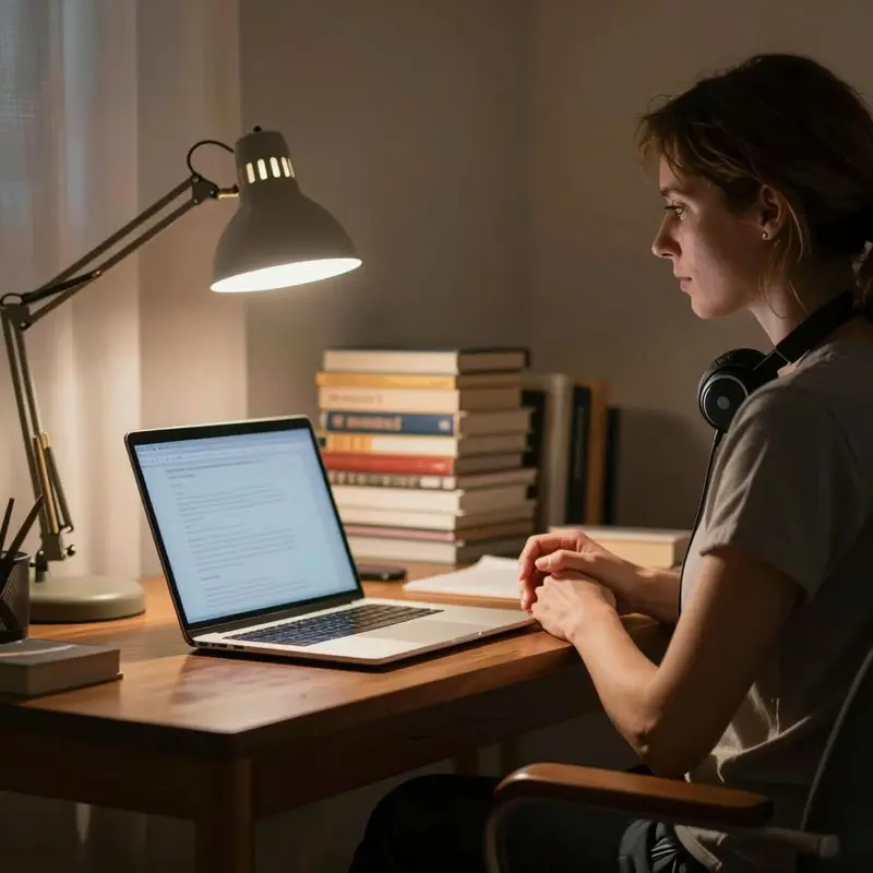 A freelancer in a dim home office sits before a laptop, surrounded by books and warm lamplight.