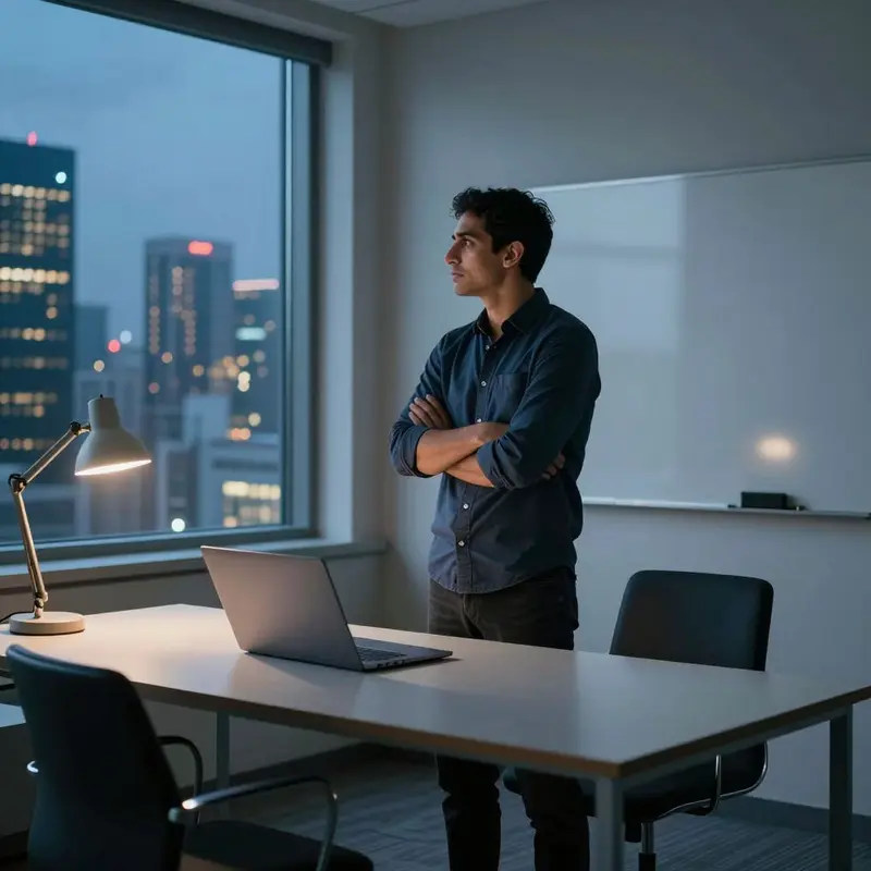A founder stands watchfully in a modern office, reflecting the oversight risks that come with agentic AI efficiency.