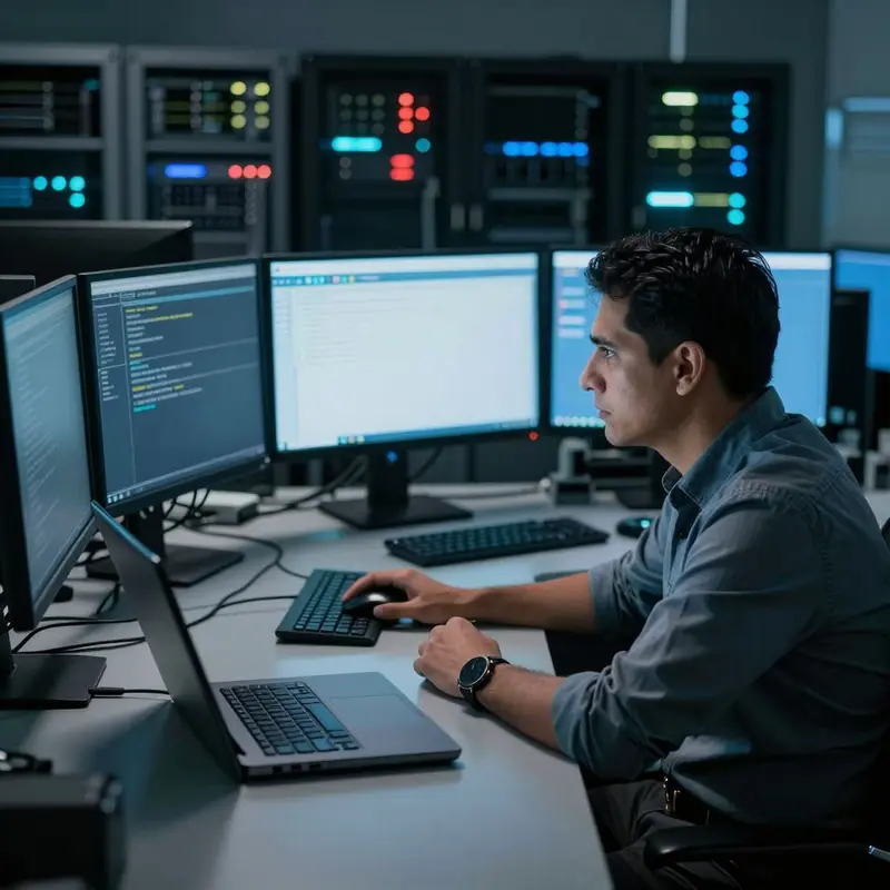 A security analyst studies a dark monitoring setup, hinting at hidden automation blast radius risk.