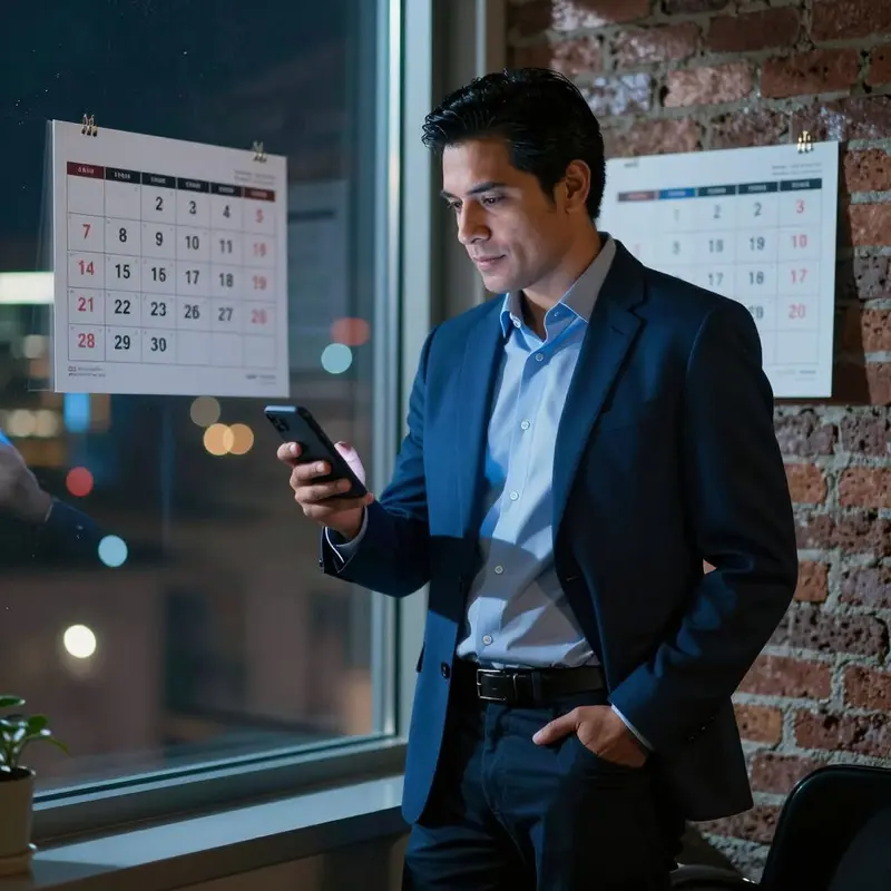 A consultant stands by a window as mismatched calendars hint at silent sync failures and double-bookings.