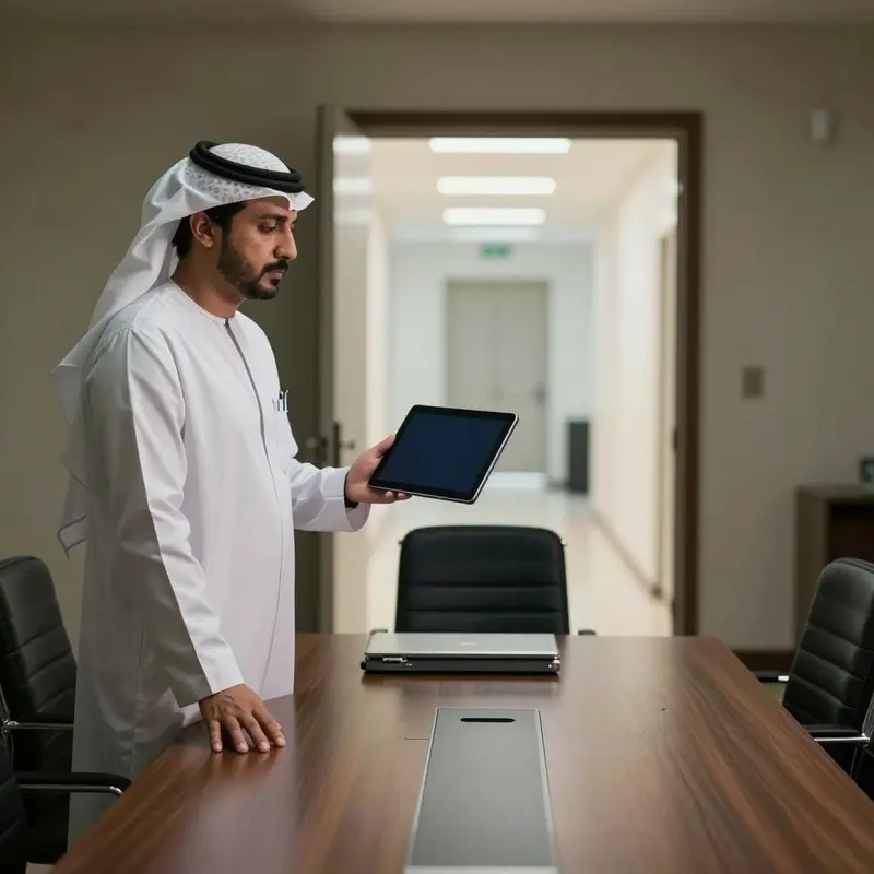 A consultant holds a dark-screen tablet in a dim room, aware of unseen AI access to client information.