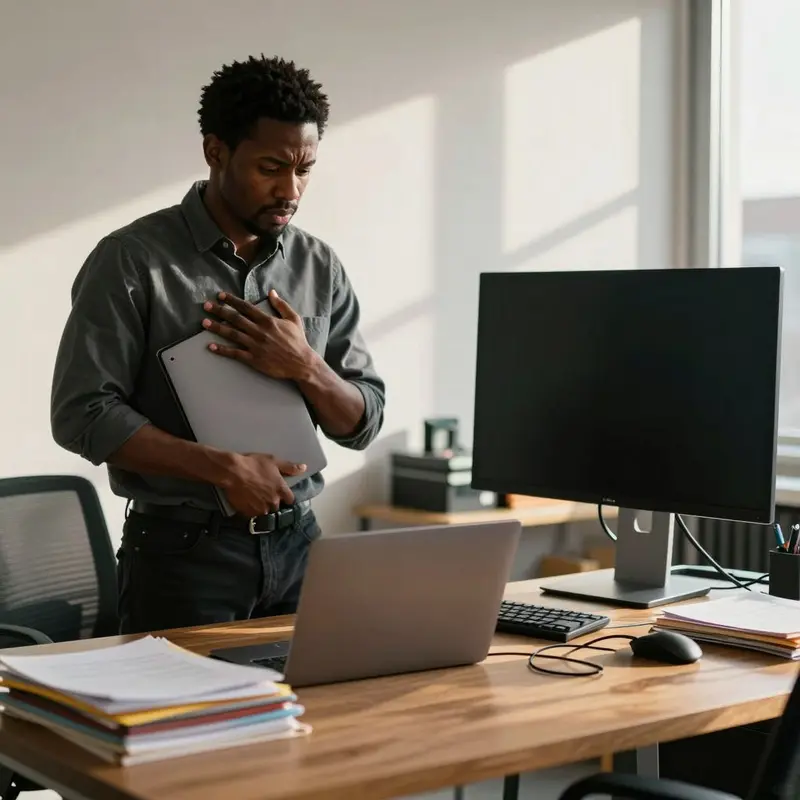 A consultant holds a closed laptop, staring at a dark screen that hints at hidden automation glitches.
