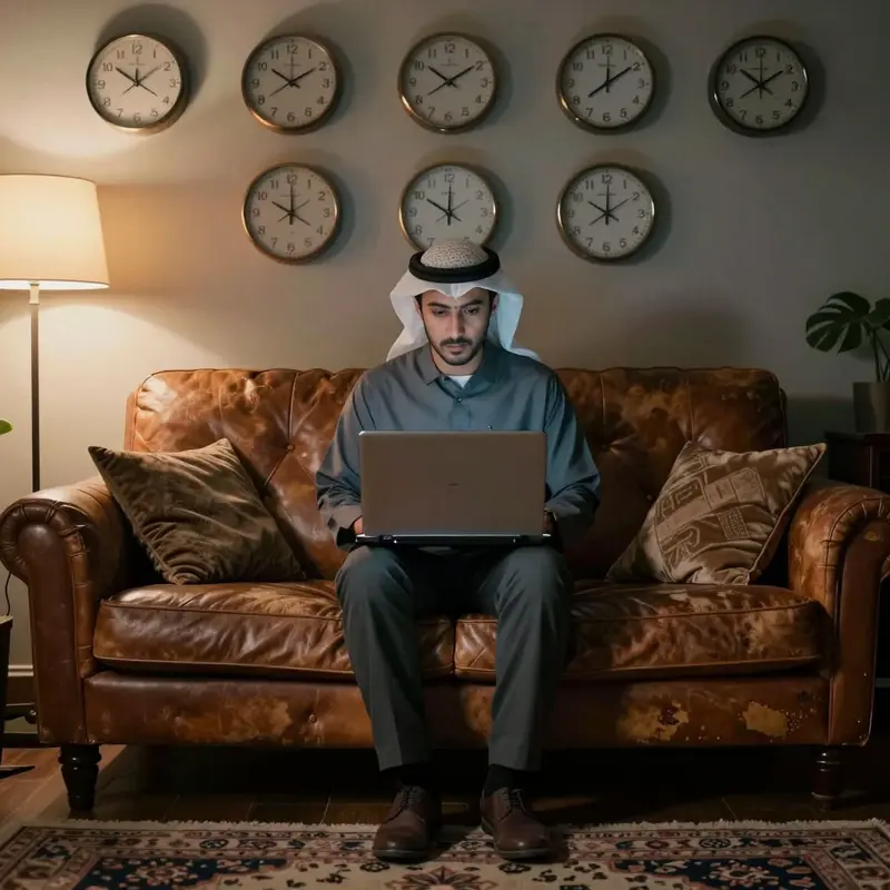 A consultant rests on a sofa as scattered wall clocks suggest fragmented, unpredictable work shifts.