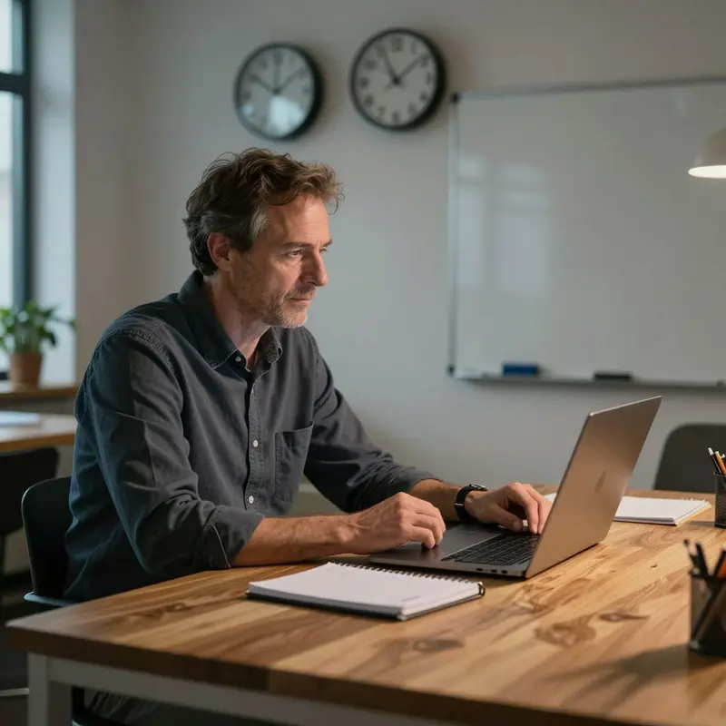 A consultant at a coworking desk studies mismatched time signals as overbooking quietly piles up.