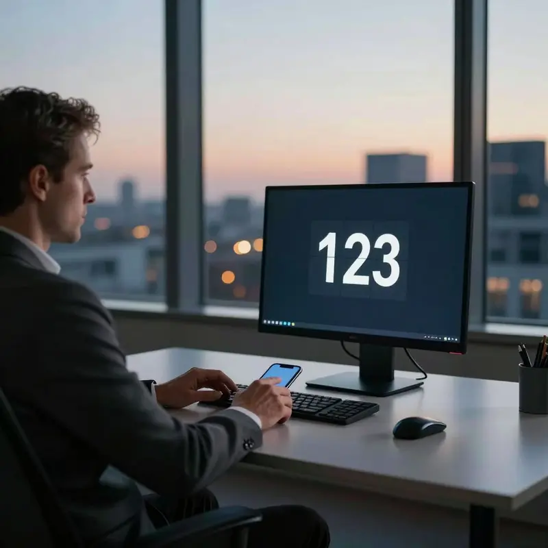 A consultant sits in a dim office at dusk, hands on the desk, doubting the story behind their email results.