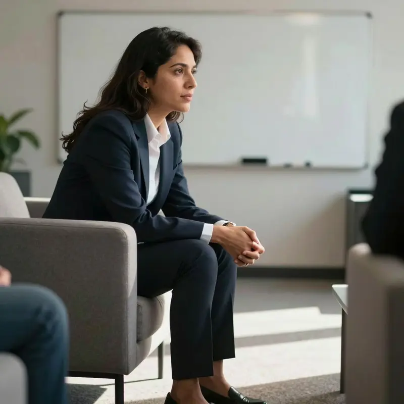 A consultant leans forward, staring toward a blank whiteboard, contemplating mismatched email audiences.