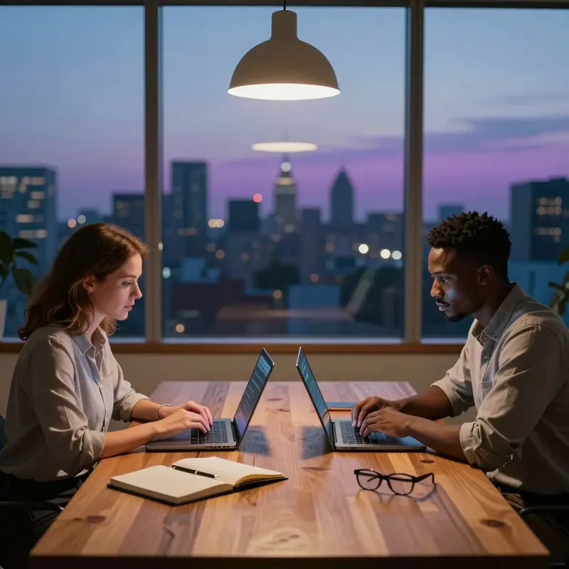 Two freelancers at a shared table quietly comparing Jasper vs Copy.ai for proposals on blurred laptop screens.