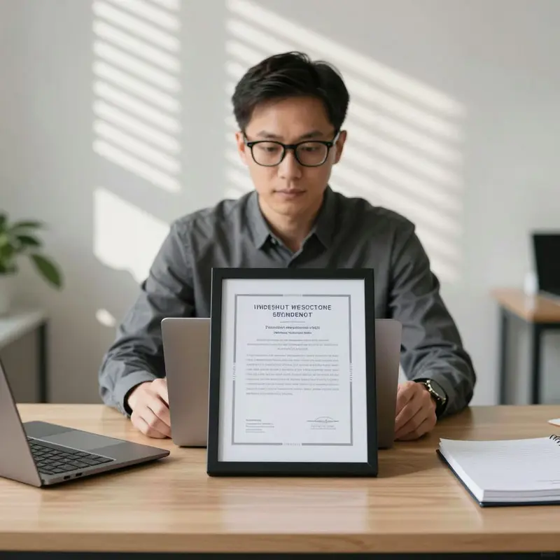 A creator sits at a desk beside a framed certificate, emphasizing credibility and standards.