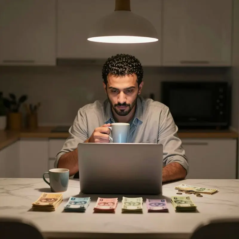 A creator reflects on scattered cash on the table, symbolizing complex payment decisions.