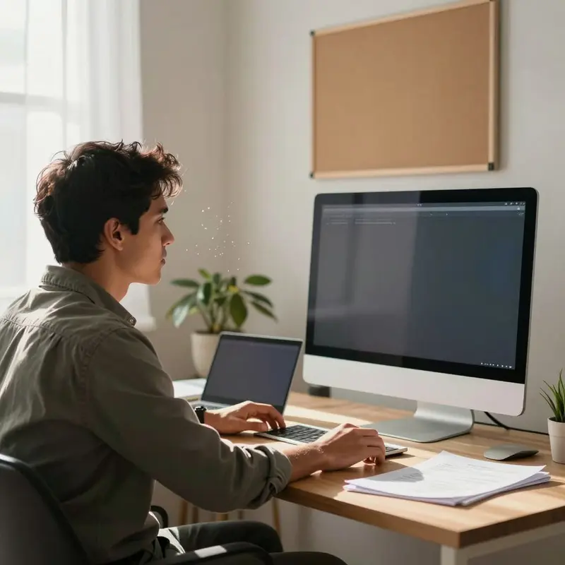A founder studies a dark screen in a bright room, symbolizing fragile trust in AI-generated digital outputs.