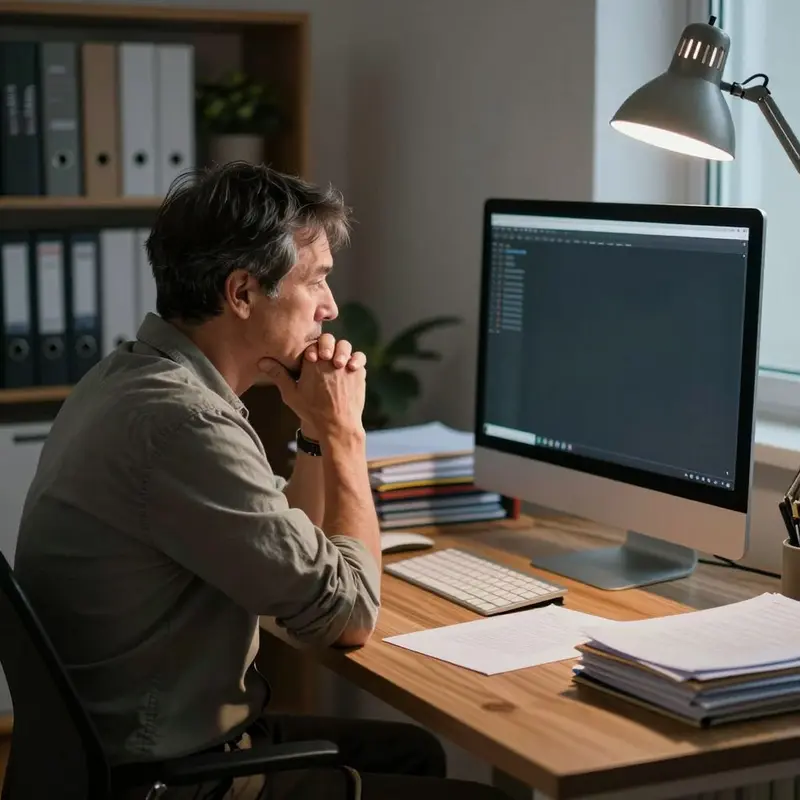 A weary freelancer sits before a dark monitor and closed laptop in a dim home office.