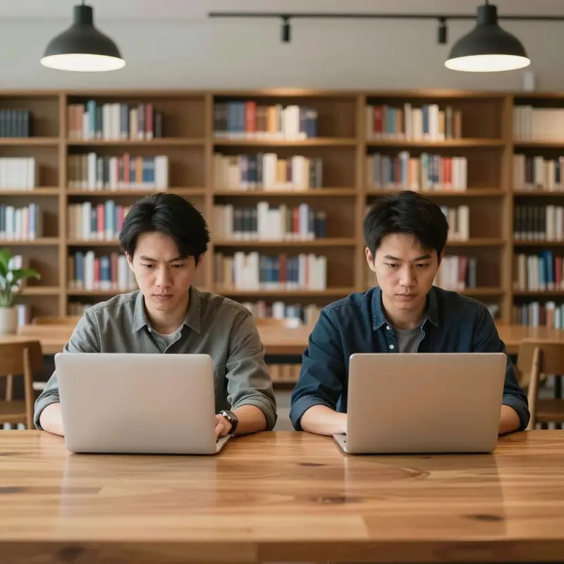 A freelancer sits between two closed laptops on a long table, appearing to weigh a careful decision.