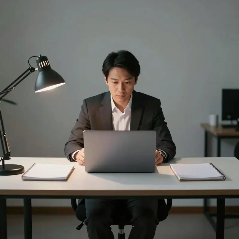 A consultant at a minimalist desk considers two balanced options in front of them.