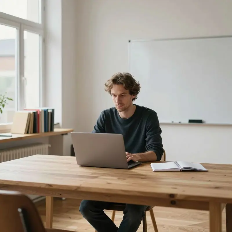 A calm founder in a minimalist studio prepares to work with a streamlined, intentionally designed AI stack.