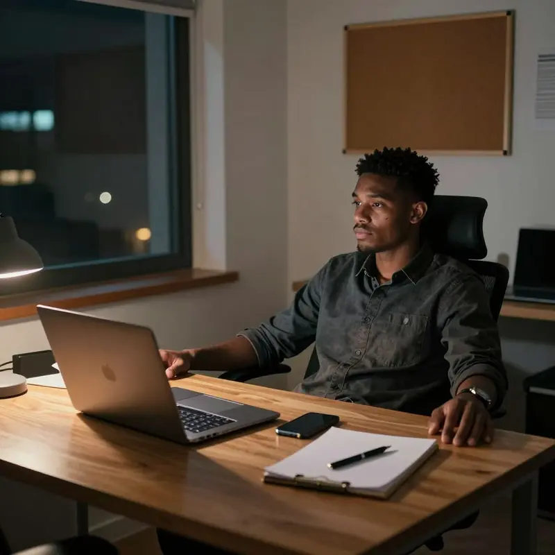 Tired freelancer in a dim home office with two closed laptops and a face-down phone, reflecting AI meeting notes privacy concerns.