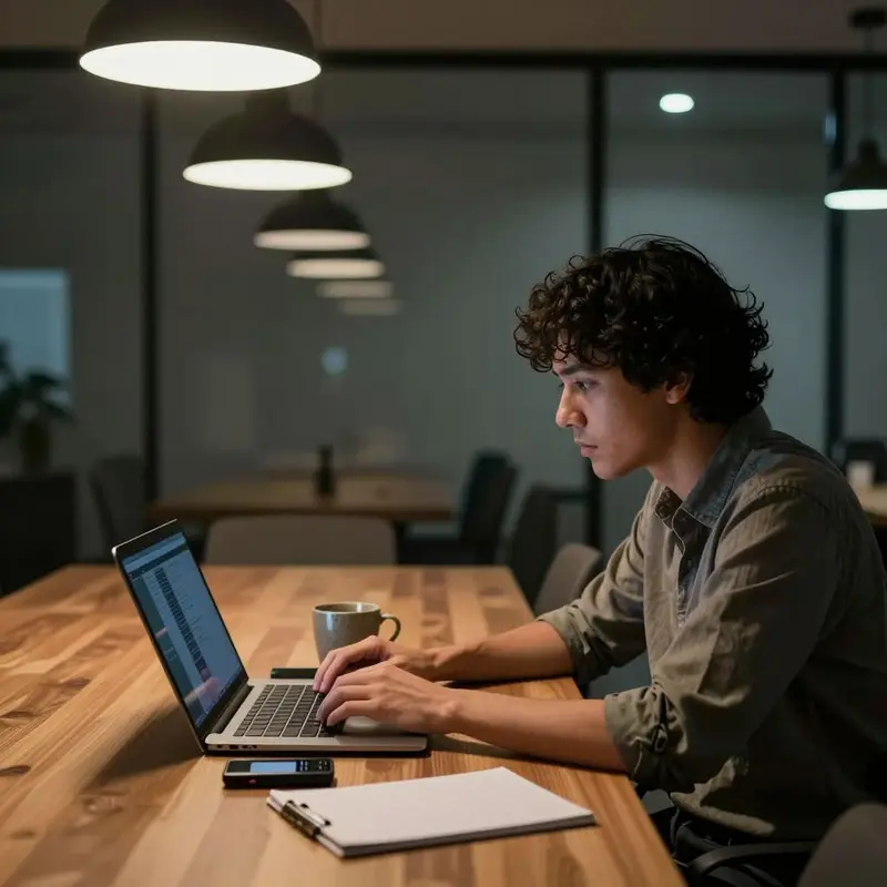 A freelancer sits in a quiet meeting room, uneasy beside a silent laptop and recorder.