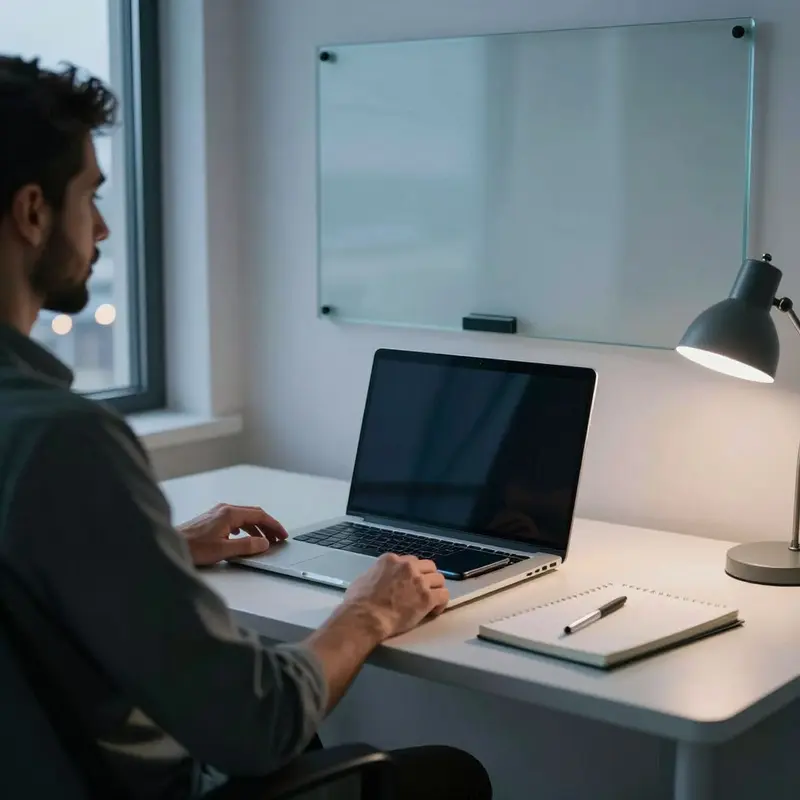 A freelancer sits by a dark laptop at night, looking out at city lights from a quiet workspace.