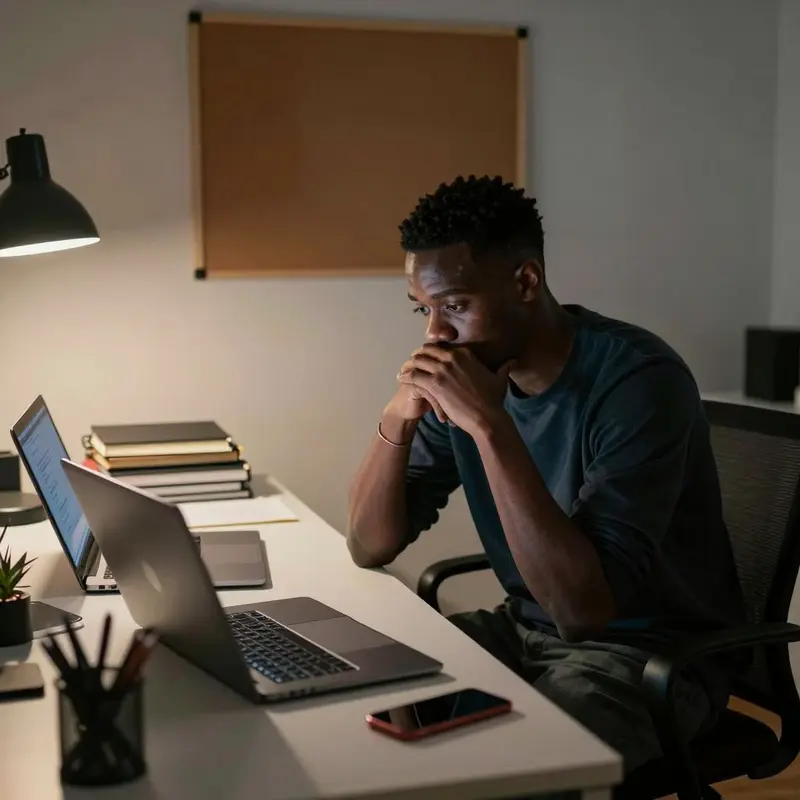 A tired founder sits amid multiple devices, capturing the fatigue of constant AI tool management.