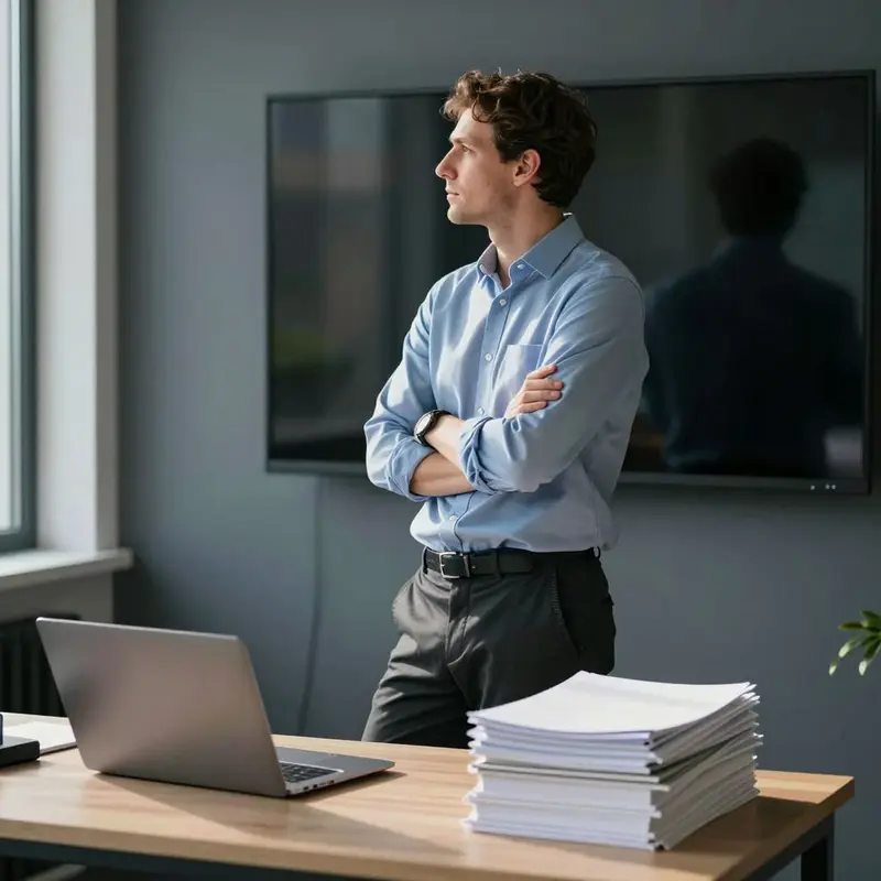 A consultant studies a dark screen, weighing fast setup against deeper system integration.