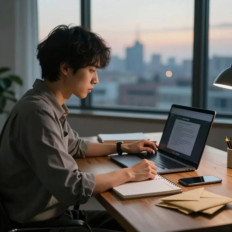 Independent consultant at a desk with hands anchored beside a laptop and notebook, reflecting on email automation tool limitations that affect client communication.