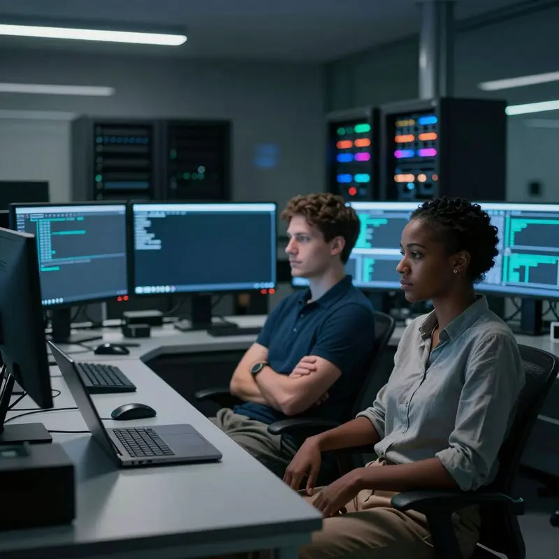 Team of engineers seated at a desk with hands anchored near a closed laptop, facing blank glowing monitors that suggest unseen make security controls issues.