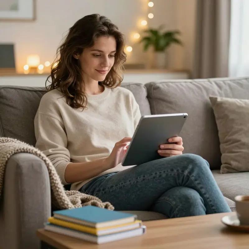 A relaxed learner sits with a tablet in a cozy room, suggesting an engaging course experience.
