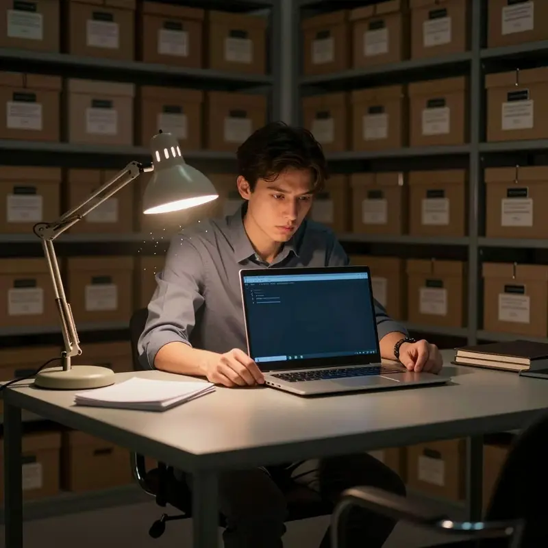 A security auditor sits at a desk with a dark laptop and shelves of boxes, evoking careful logging and audit.