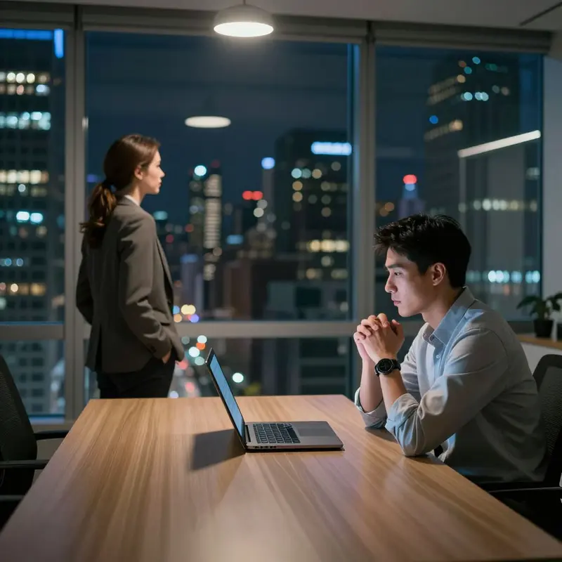 Two marketers in a high-rise office reflect on how to spot AI generated ads while sitting near a closed laptop at night.
