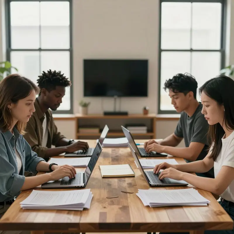 Group of new course creators seated at a table with closed laptops and planning materials, ready to choose a course creator launch platform.