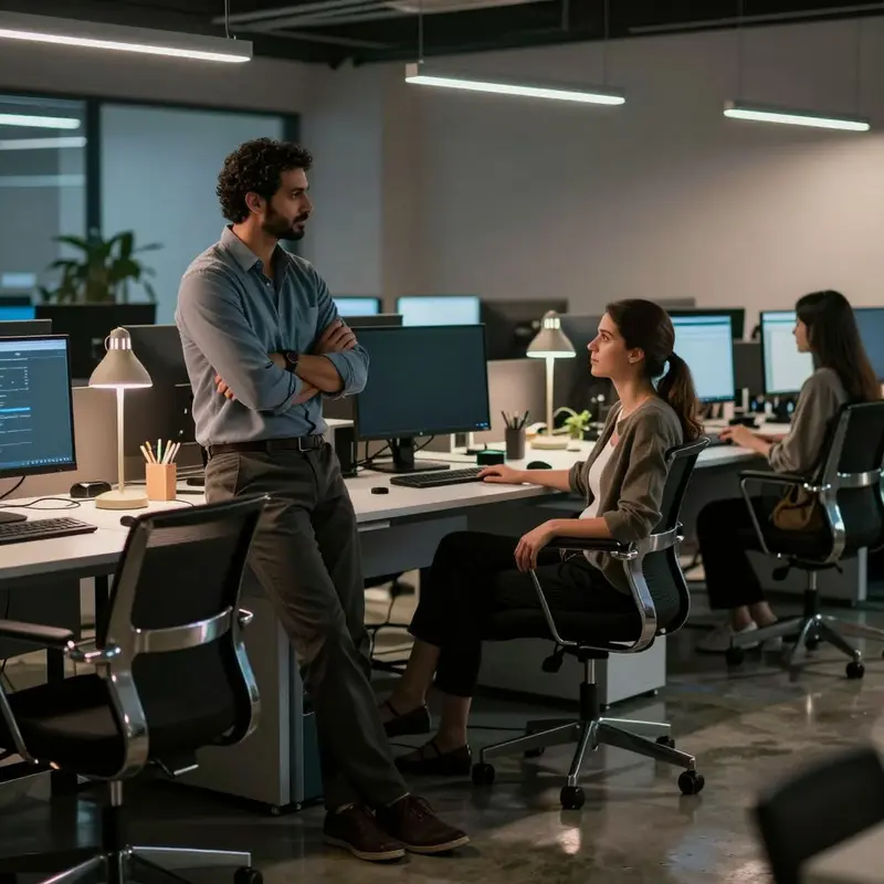 A quiet office floor shows a manager and analyst calmly overseeing an efficient ad review setup.