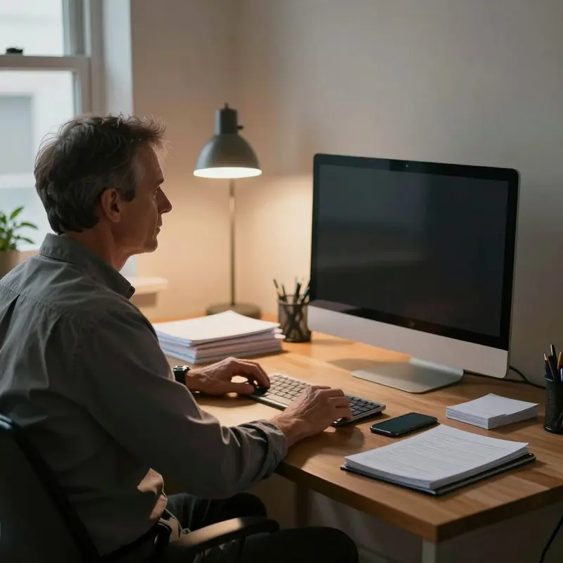 A consultant pauses at a quiet desk, balancing pre-call preparation with anticipation of post-call insight.