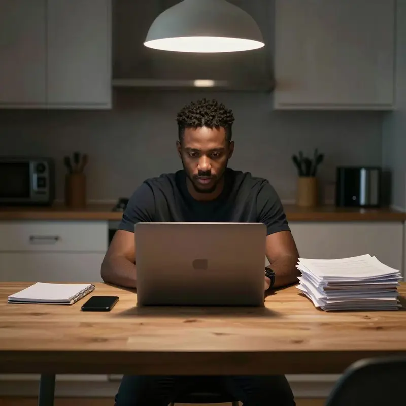 A solo consultant reflects on tool pricing at a quiet kitchen table workspace.