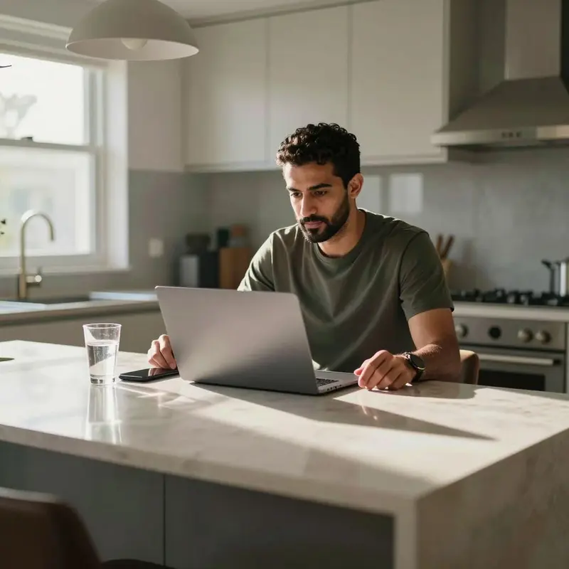 A freelancer at a kitchen island sits with a closed laptop and phone, in clear morning light.