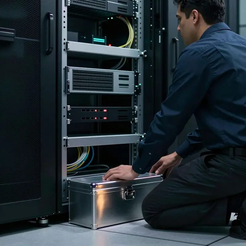 An administrator steadies a server tray beside a locked box, evoking hidden secrets in infrastructure.