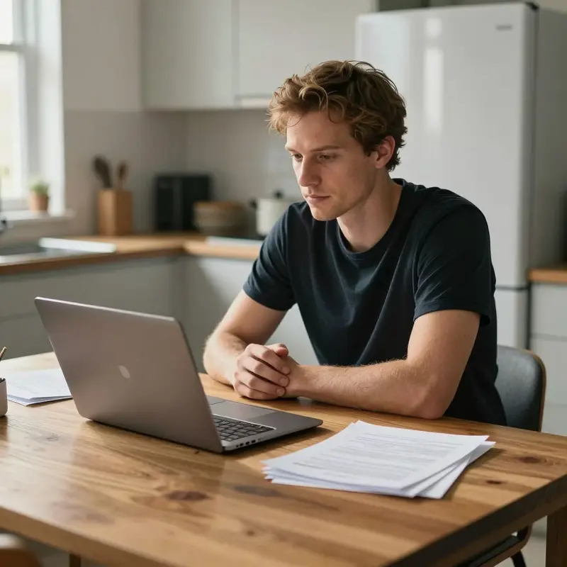A solo founder quietly reviews organized content materials at a kitchen table.