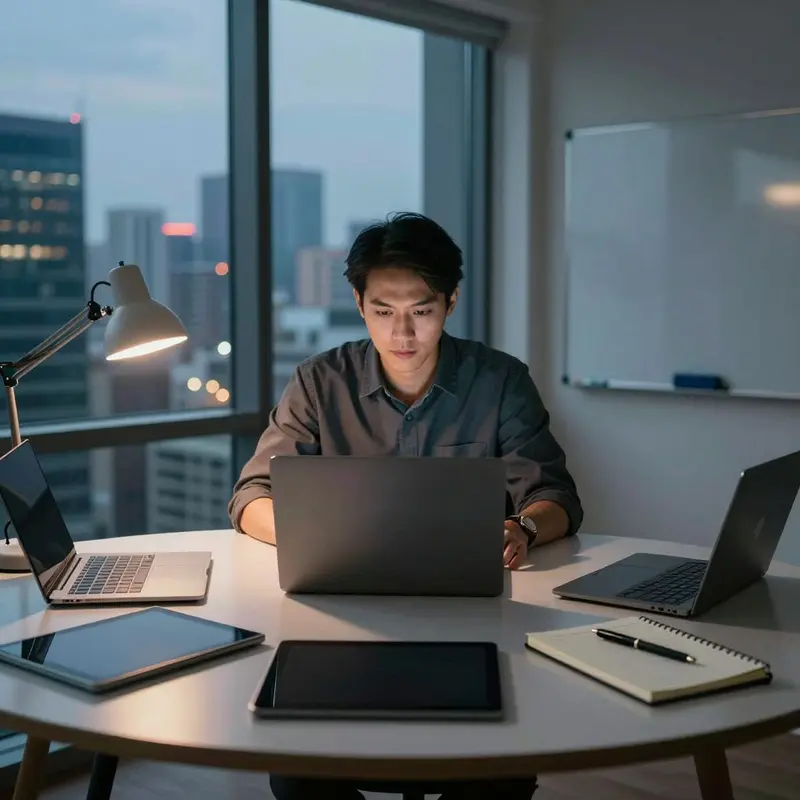 Solo founder at a city apartment desk with multiple inactive devices, conveying AI tool overload for solo founders and focus on one setup.