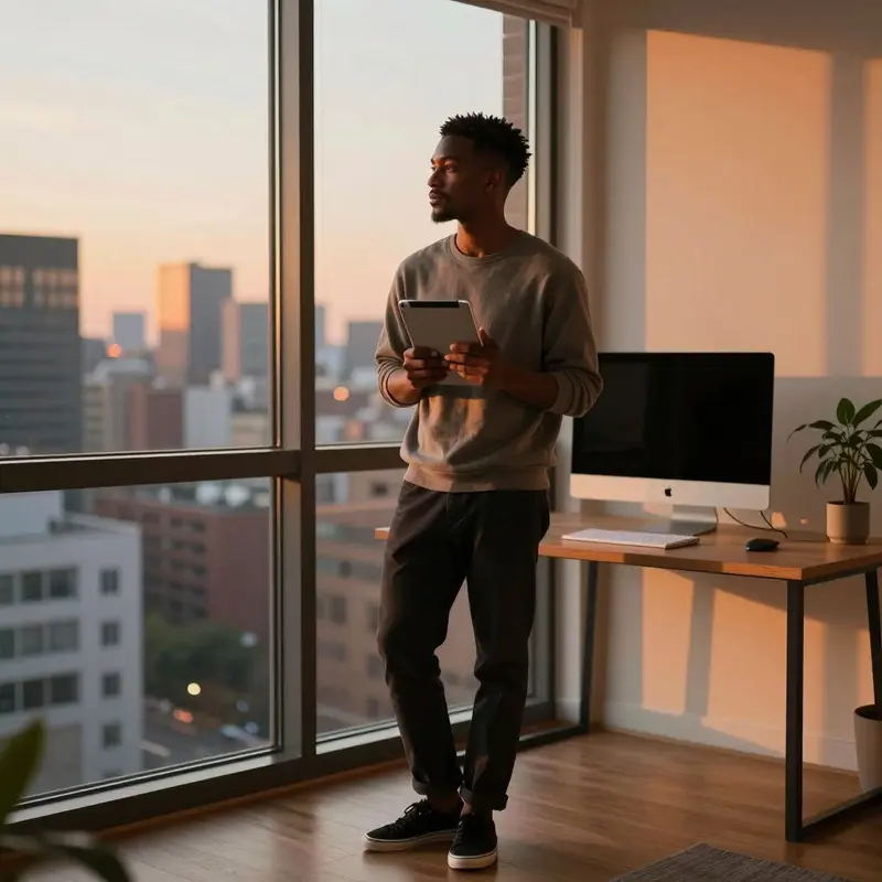 A solo founder reflects by a window while holding a tablet in a calm, focused posture.