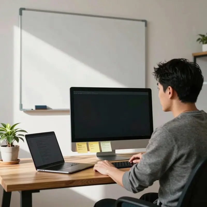Solo founder seated at a tidy desk in a home office, hands resting on the edge of the desk while they oversee a structured content repurposing workflow for solo founders.
