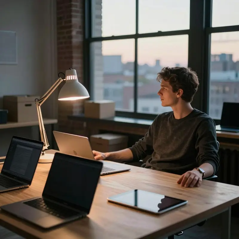 A solo founder in a small studio office replaces the feel of a full team with a minimal, tech-focused setup.