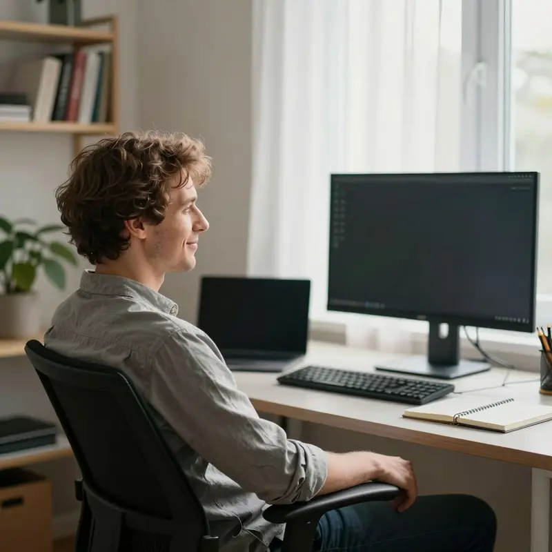 A solo founder sits back in a calm home office, observing an efficient setup.