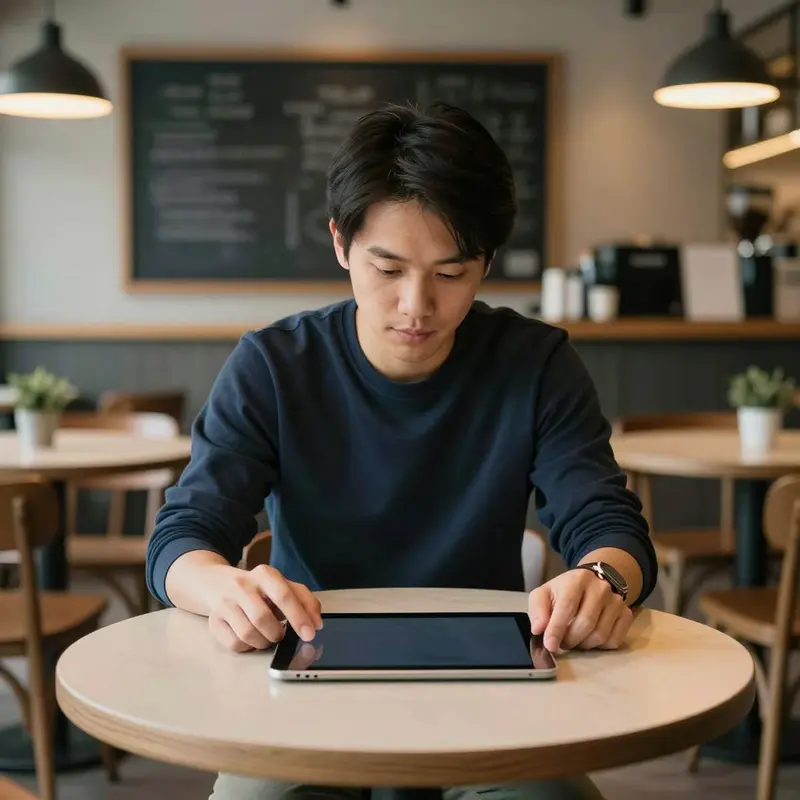 A solo founder analyzes results at a café table with a tablet resting between their hands.