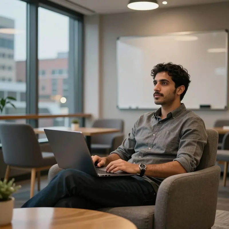 A solo founder in a lounge setting contemplates how to route ideas to different channels.
