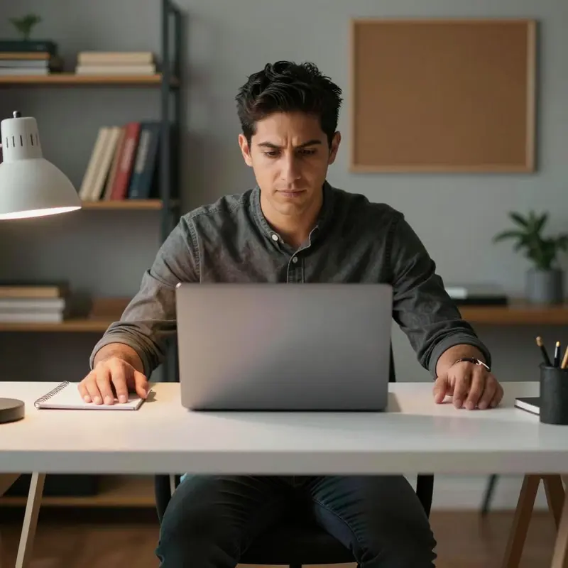 A solo founder sits at a clean desk, calmly preparing finished content for reuse.