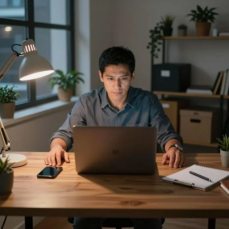 Hispanic solo business owner at a small studio desk considering ai workflow automation for small business processes.