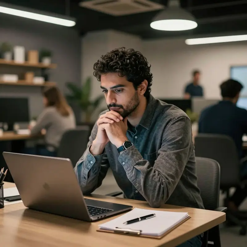 A solo consultant pauses over a closed laptop, reflecting on the obstacles to effective AI use.