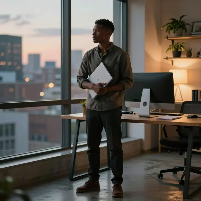 A solo entrepreneur stands confidently with a closed laptop, ready for AI-managed workflows.