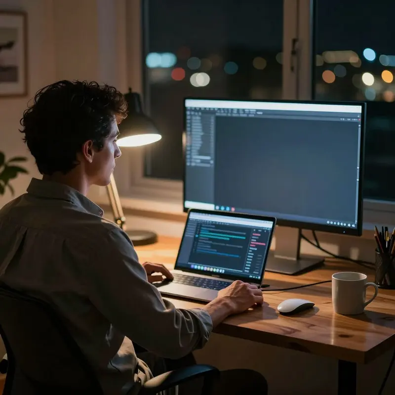 A freelancer at a desk in a city apartment, surrounded by hardware that suggests a streamlined AI workflow.