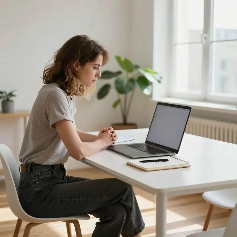 A focused freelancer at a bright table with a laptop and notebook in a calm, sunlit studio.