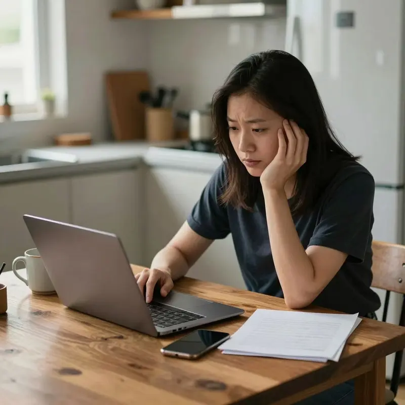 A freelancer pauses at a kitchen table, hand resting on a closed laptop in a moment of doubt.