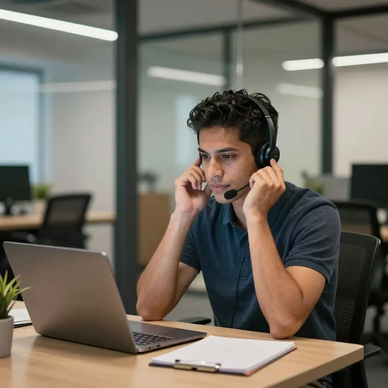 A consultant pauses in a coworking booth, headset in hand, reflecting on call experience and confidence.